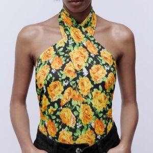 NEW Zara Bodysuit Top Twist Neck Floral‎ Halter Black Yellow Keyhole Size Medium